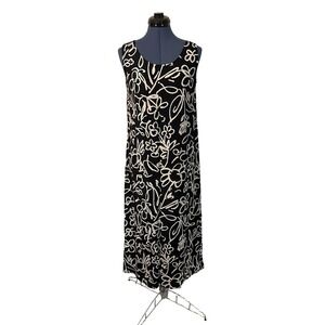 Vtg Big Hed Designs Black‎ Beige Floral Graffiti Maxi Dress Boho Cover Up S USA